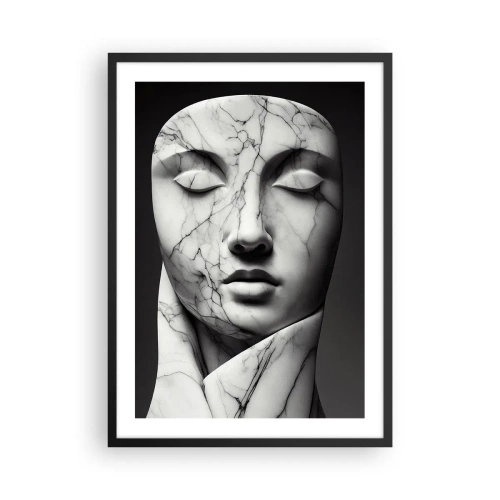 Plagát v čiernom ráme - Mramorová socha tváre so zatvorenými očami na čiernom pozadí - 50x70cm - Mramorové tvary - Moderná nástenná dekorácia do obývacej izby a spálne ARTTOR