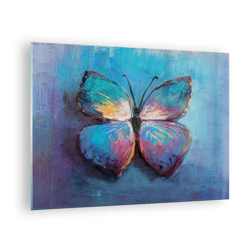 Obraz na skle - Farebný motýľ na pozadí abstraktných farieb v odtieňoch modrej a fialovej. - 70x50cm - V celej svojej kráse - Moderná nástenná dekorácia do obývacej izby a spálne ARTTOR