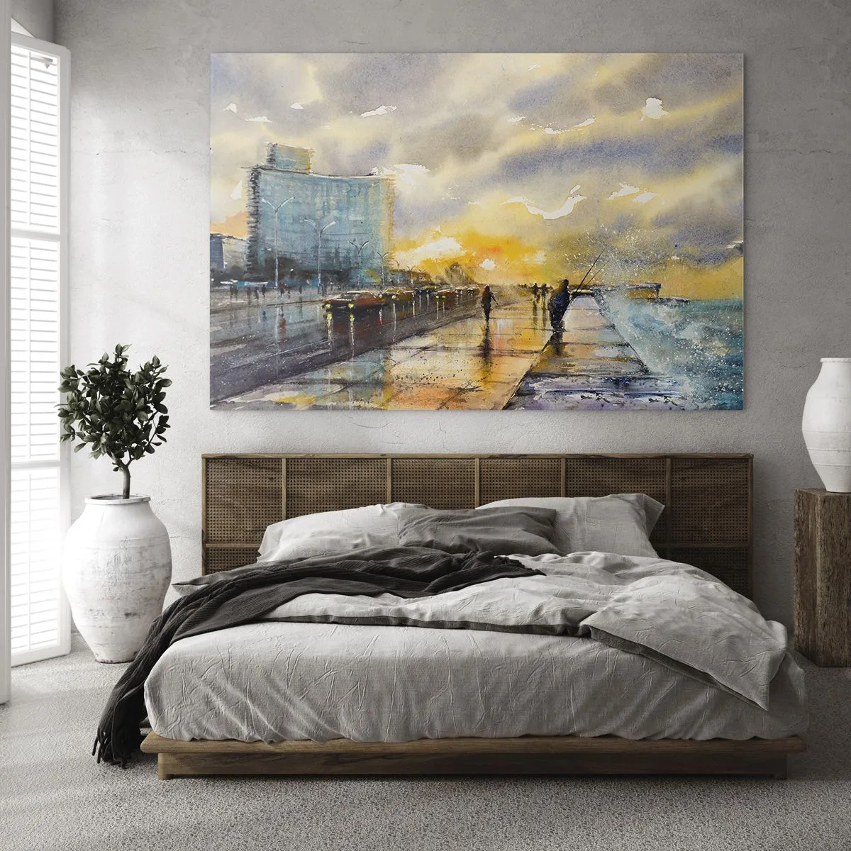 Obraz na skle - Akvarelové prímorské mestečko so západom slnka - 70x50cm - Život na pobreží - Moderná nástenná dekorácia do obývacej izby a spálne ARTTOR