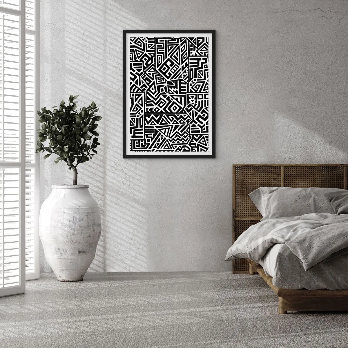 Plagát v čiernom ráme - Čiernobiely geometrický vzor v umeleckom štýle - 50x70cm - Predkolumbovská kompozícia - Moderná nástenná dekorácia do obývacej izby a spálne ARTTOR