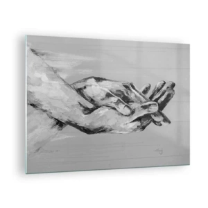 Obraz na skle - Čiernobiela maľba dvoch rúk, ktoré sa k sebe naťahujú - 70x50cm - Začiatok… - Moderná nástenná dekorácia do obývacej izby a spálne ARTTOR