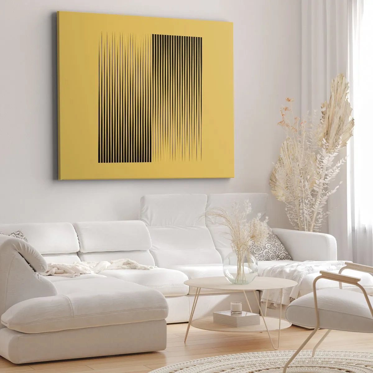 Obraz na plátne - Zvislé čierne čiary na žltom pozadí - 70x50cm - Štvorec protikladov - Moderná nástenná dekorácia do obývacej izby a spálne ARTTOR