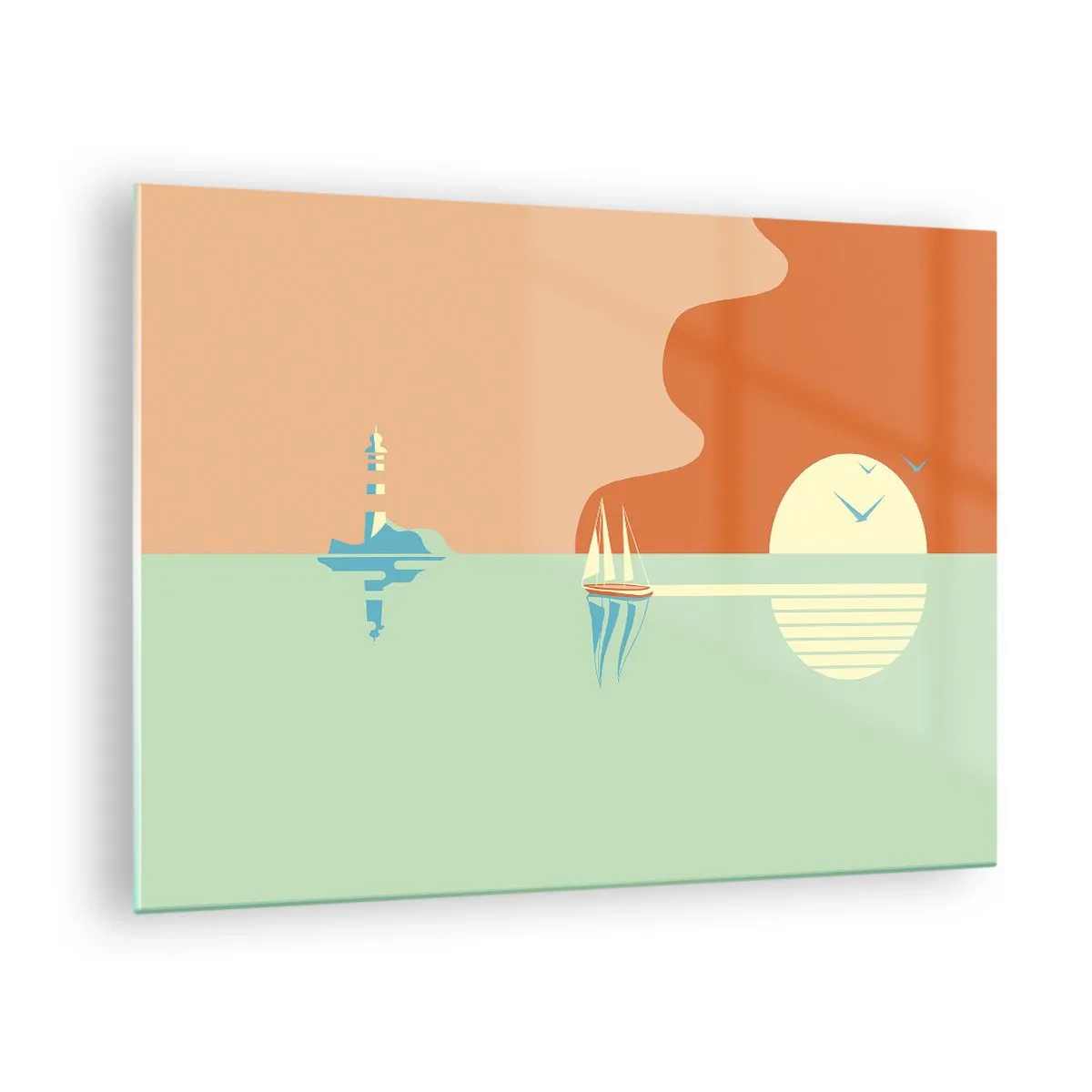 Obraz na skle - Minimalistický západ slnka s plachetnicou a majákom - 70x50cm - Dokonalá morská krajina - Moderná nástenná dekorácia do obývacej izby a spálne ARTTOR