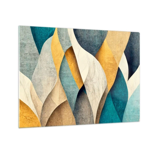 Obraz na skle - Abstraktné tvary v odtieňoch žltej a modrej - 70x50cm - Rytmus a vlnenie - Moderná nástenná dekorácia do obývacej izby a spálne ARTTOR