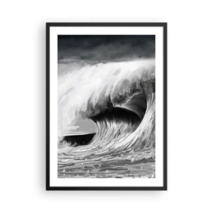 Plagát v čiernom ráme - Silná vlna v odtieňoch sivej - 50x70cm - Hnev oceánu - Moderná nástenná dekorácia do obývacej izby a spálne ARTTOR