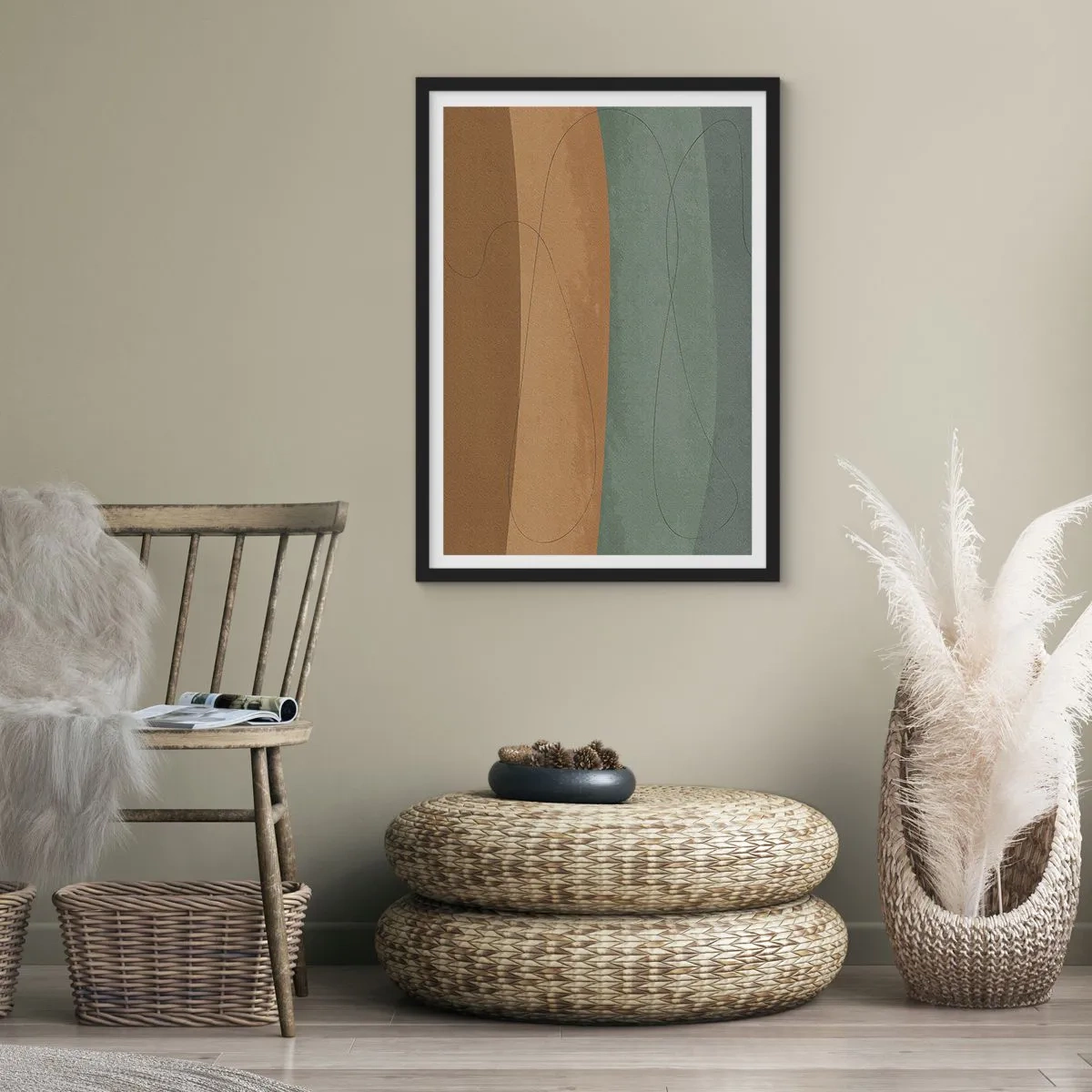 Plagát v čiernom ráme - Organické línie na zemitom a zelenom pozadí - 50x70cm - Horizontálna kompozícia - Moderná nástenná dekorácia do obývacej izby a spálne ARTTOR