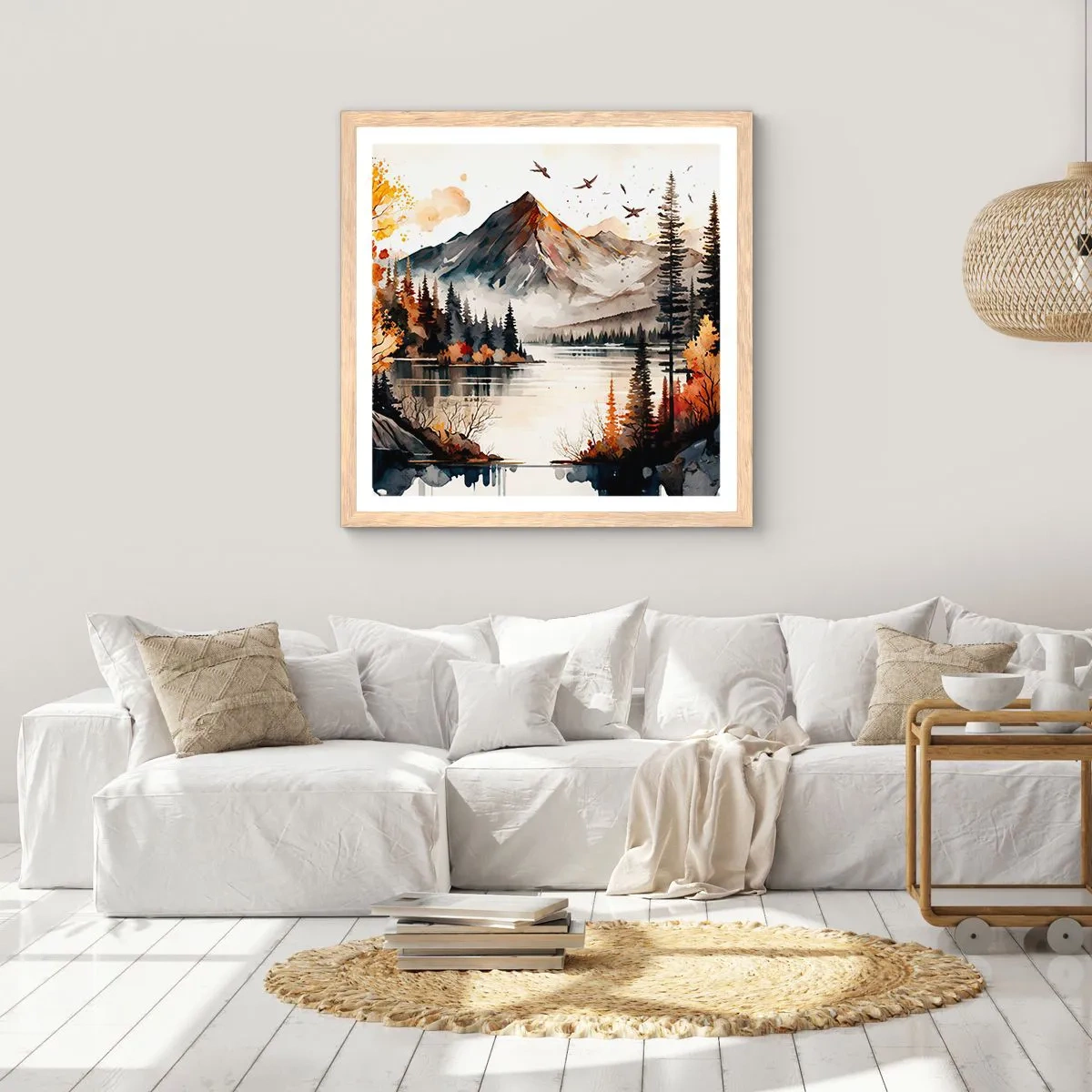 Plagát v ráme zo svetlého duba - Zlatá jeseň na horách - 50x50 cm