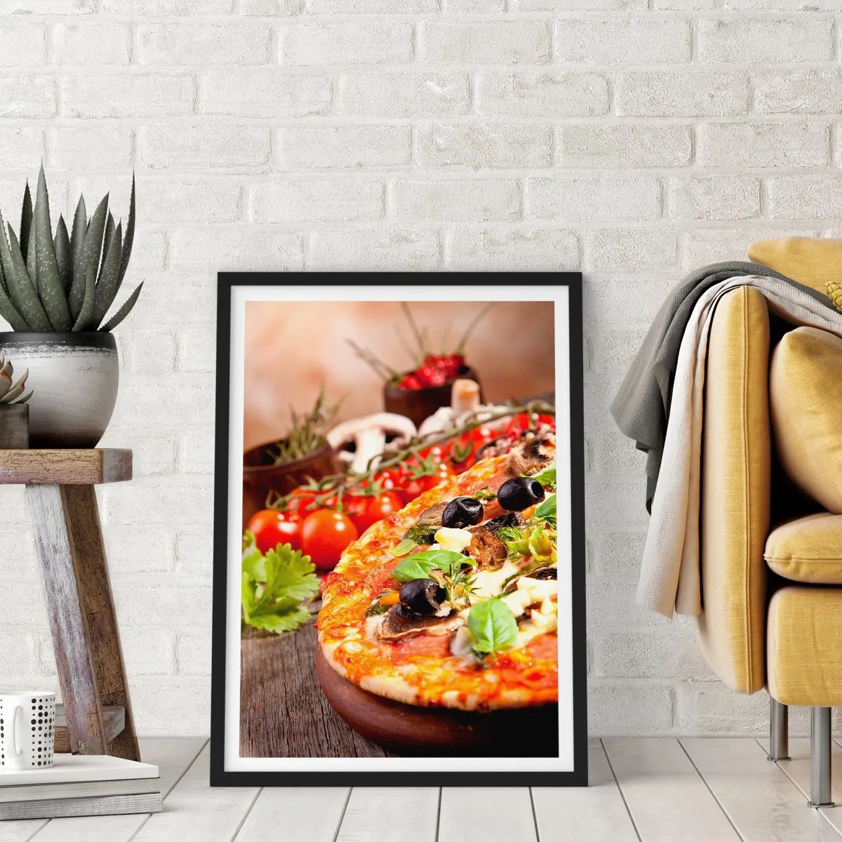 Plagát v čiernom ráme - Pizza s olivami a bylinkami z čerstvých surovín - 50x70cm - Z telurických zložiek - Moderná nástenná dekorácia do obývacej izby a spálne ARTTOR