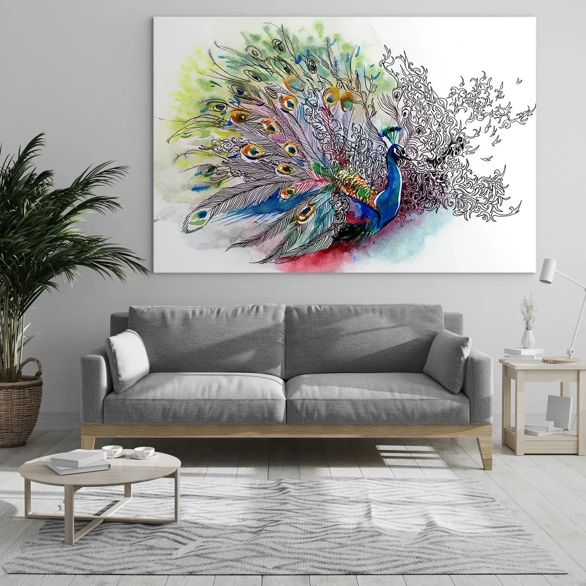 Obraz na skle - Farebný páv v umeleckom akvarelovom štýle - 70x50cm - S pýchou proti šedi  - Moderná nástenná dekorácia do obývacej izby a spálne ARTTOR