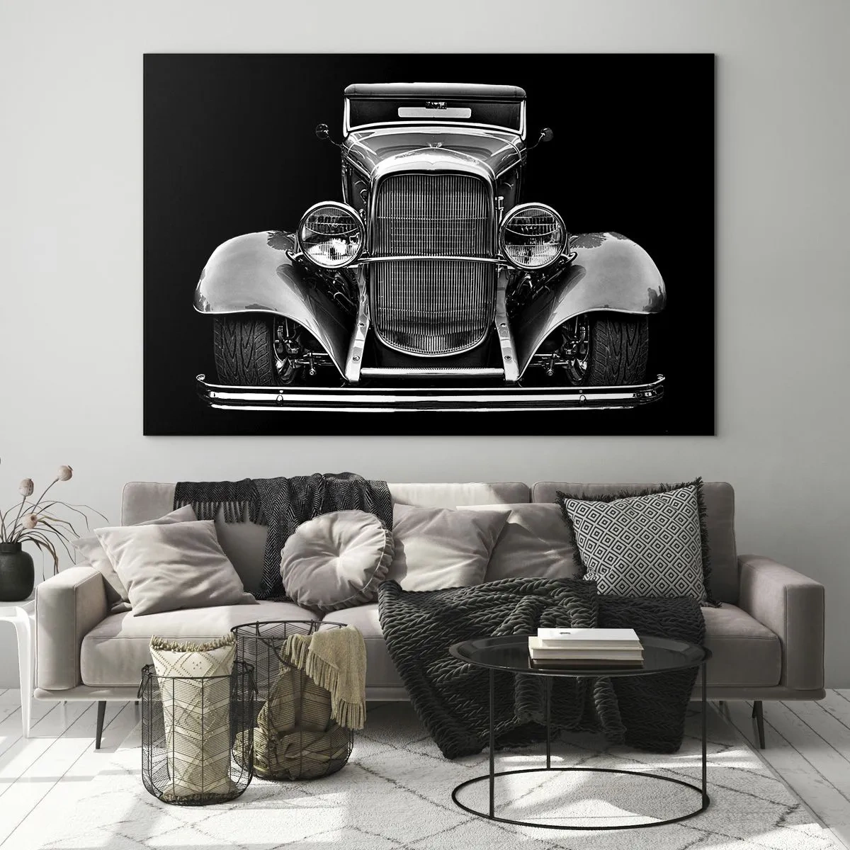 Obraz na skle - Čelný pohľad na historické retro auto - 70x50cm - Naozajstný gentleman - Moderná nástenná dekorácia do obývacej izby a spálne ARTTOR