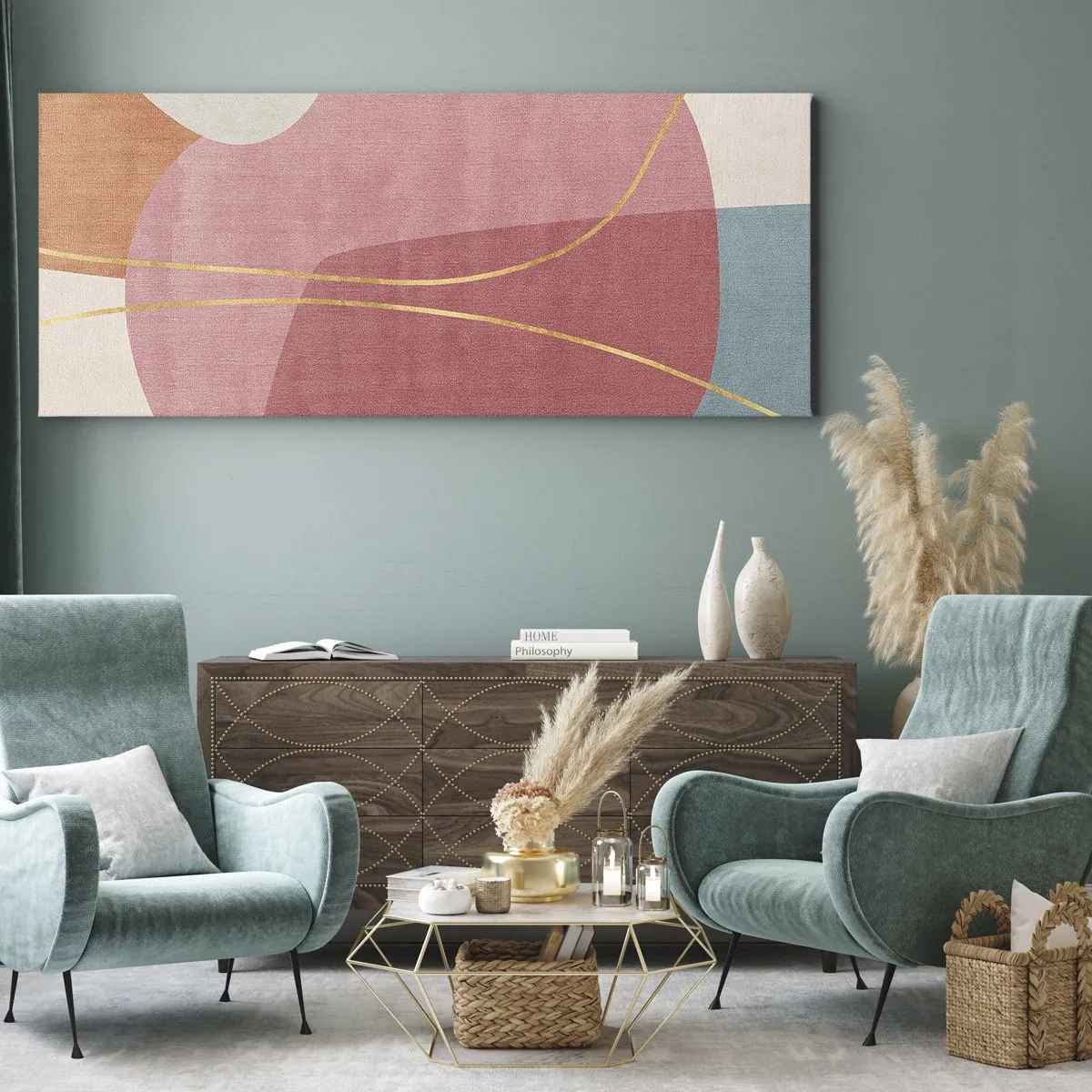 Obraz na plátne - Pastelová kompozícia so zlatou niťou - 100x40 cm