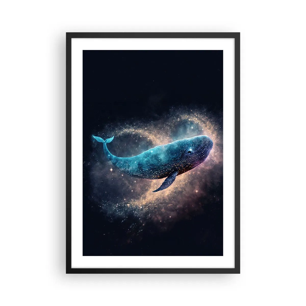 Plagát v čiernom ráme - Vesmírna veľryba obklopená hviezdnou hmlovinou na čiernom pozadí. - 50x70cm - Existuje taký svet… - Moderná nástenná dekorácia do obývacej izby a spálne ARTTOR