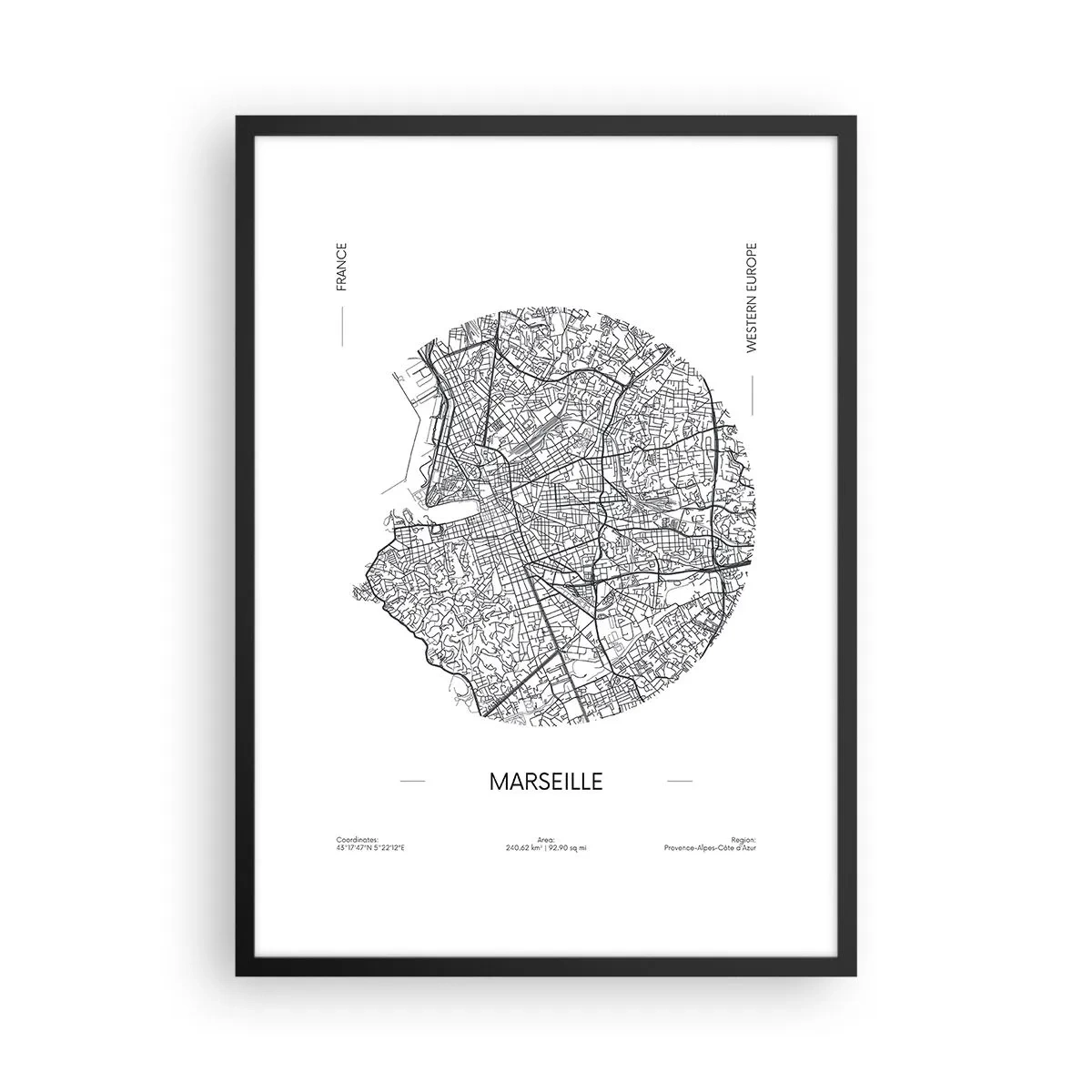 Plagát v čiernom ráme - Minimalistická mapa Marseille v kruhu - 50x70cm - Anatómia Marseille - Moderná nástenná dekorácia do obývacej izby a spálne ARTTOR