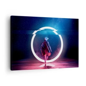 Obraz na plátne - Postava vo futuristickom prostredí s neónovým kruhom - 70x50cm - Medzi svetmi - Moderná nástenná dekorácia do obývacej izby a spálne ARTTOR