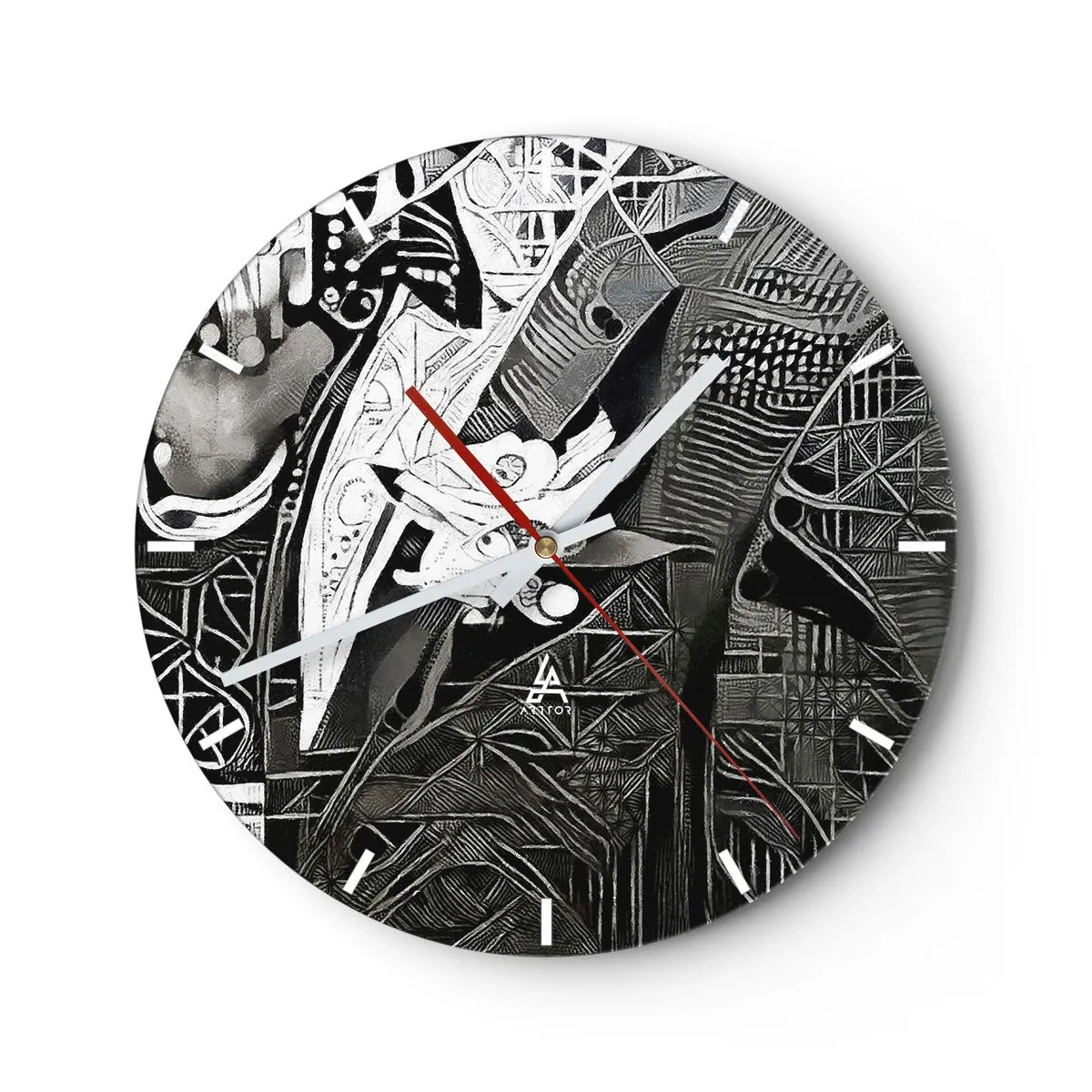 Nástenné hodiny - Čiernobiela abstrakcia so zložitými geometrickými vzormi - 30x30cm - Iba zdanlivo šedý človek - Moderná nástenná dekorácia do obývacej izby, kuchyne a spálne ARTTOR