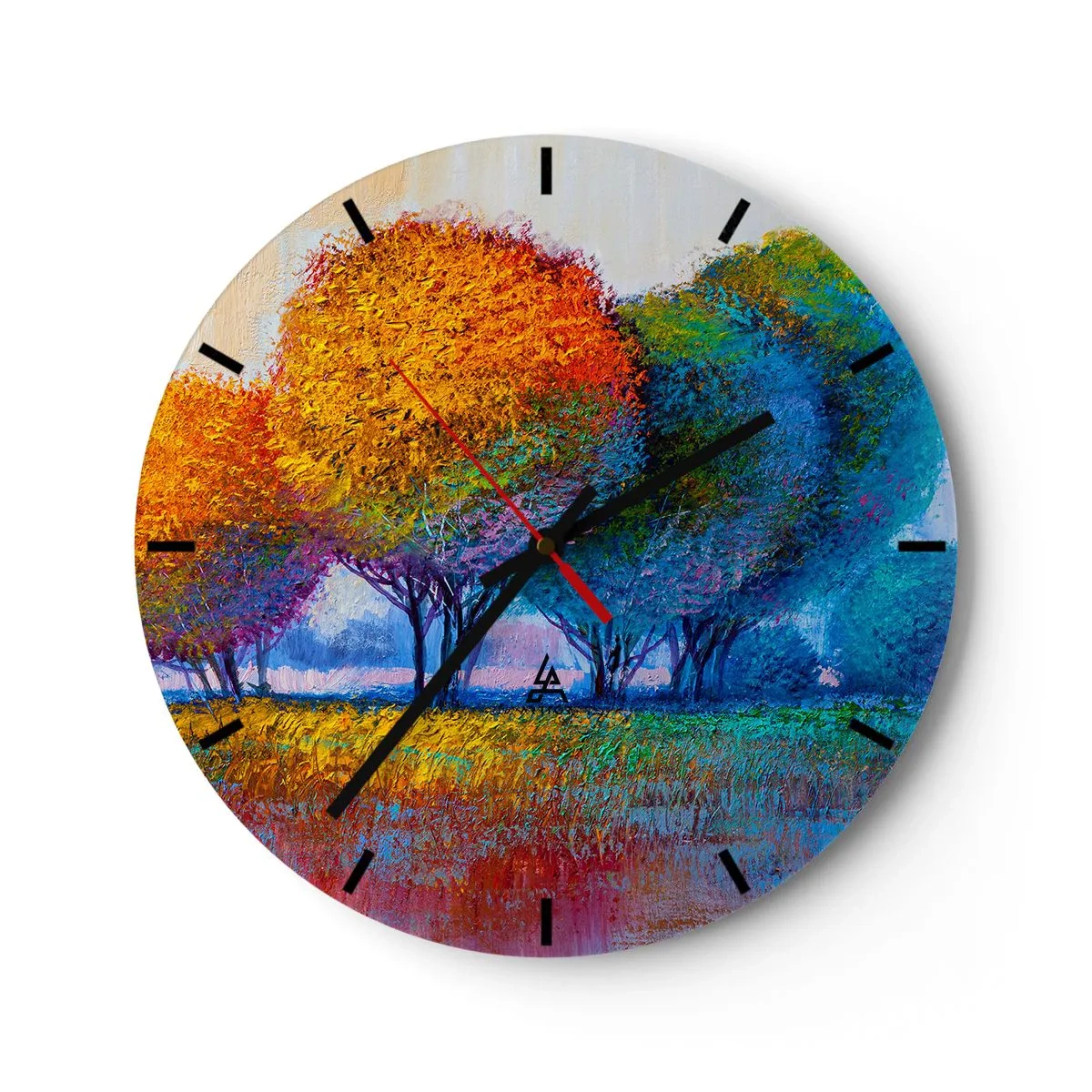 Nástenné hodiny - Farebná krajina stromov s intenzívnymi odtieňmi - 30x30cm - Trs žiarivých farieb - Moderná nástenná dekorácia do obývacej izby, kuchyne a spálne ARTTOR
