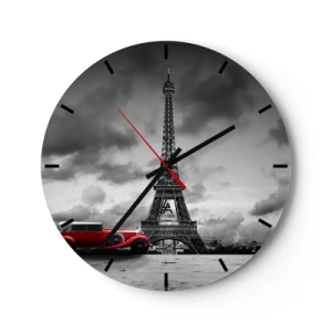 Nástenné hodiny - Eiffelova veža s červeným retro autom - 30x30cm - Nie tak dávno v Paríži - Moderná nástenná dekorácia do obývacej izby, kuchyne a spálne ARTTOR