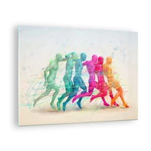 Obraz na skle - Farebný abstrakt zobrazujúci pohyb bežiacej postavy - 70x50cm - Harmónia pohybu - Moderná nástenná dekorácia do obývacej izby a spálne ARTTOR