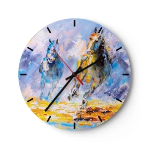 Nástenné hodiny - Dva kone v dynamickom behu na farebnom pozadí - 30x30cm - Cvalom cez žiaru - Moderná nástenná dekorácia do obývacej izby, kuchyne a spálne ARTTOR