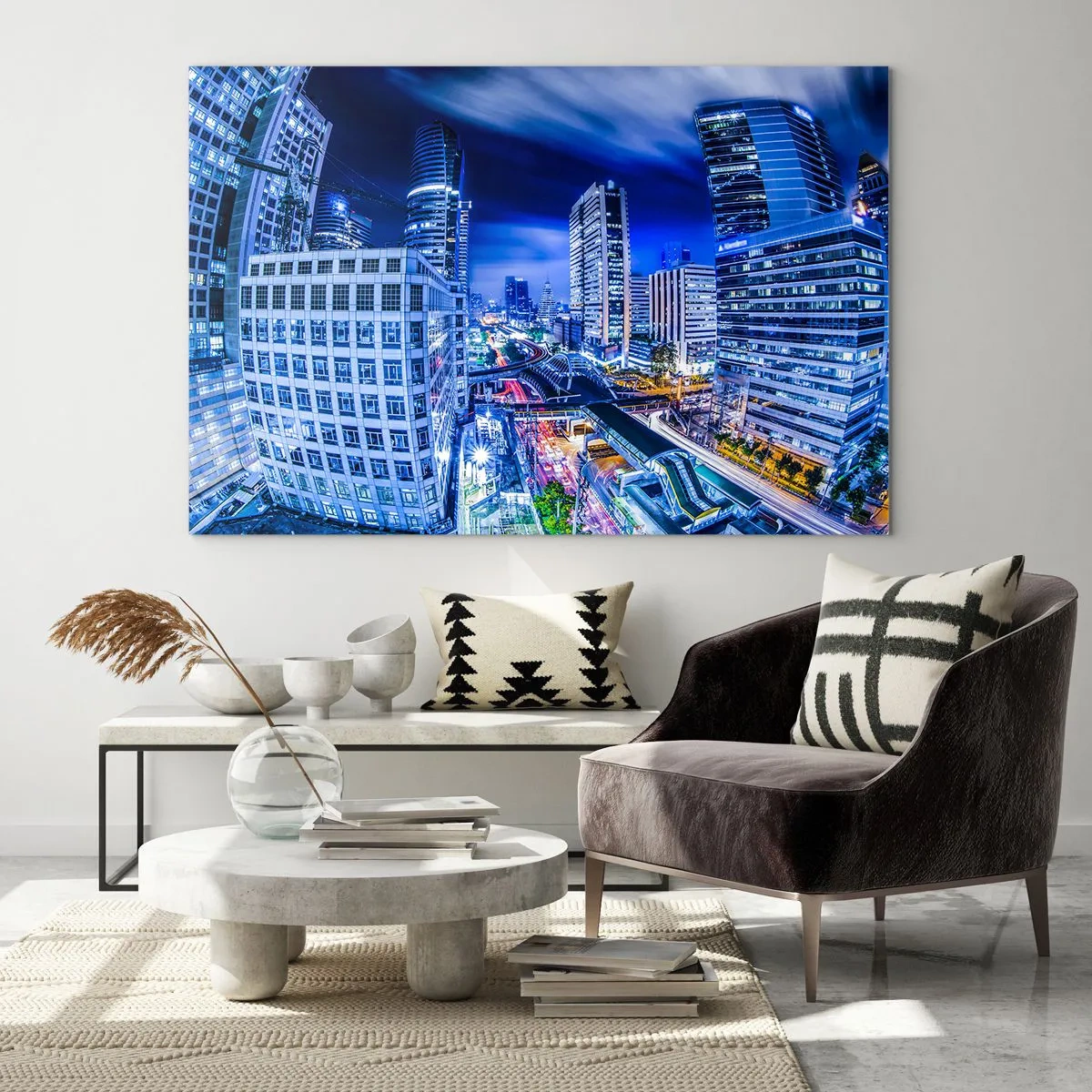 Obraz na skle - Panoráma moderného mesta v noci s jasnými svetlami - 70x50cm - Rytmy nočného mesta - Moderná nástenná dekorácia do obývacej izby a spálne ARTTOR