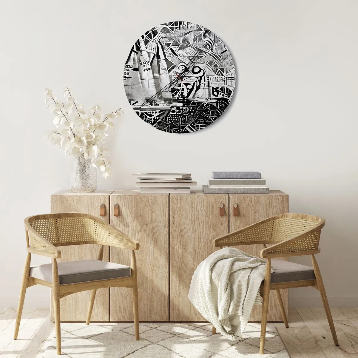 Nástenné hodiny - Čiernobiele abstraktné vlny s geometrickými prvkami - 30x30cm - Medzi vlnami - Moderná nástenná dekorácia do obývacej izby, kuchyne a spálne ARTTOR