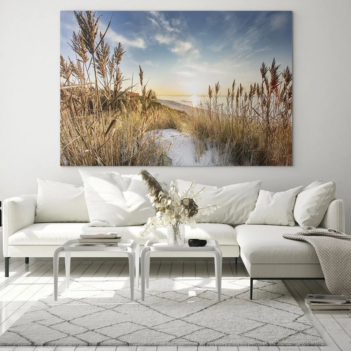 Obraz na skle - Západ slnka nad plážou s trávou pokrytými dunami - 70x50cm - Severná pláž - Moderná nástenná dekorácia do obývacej izby a spálne ARTTOR