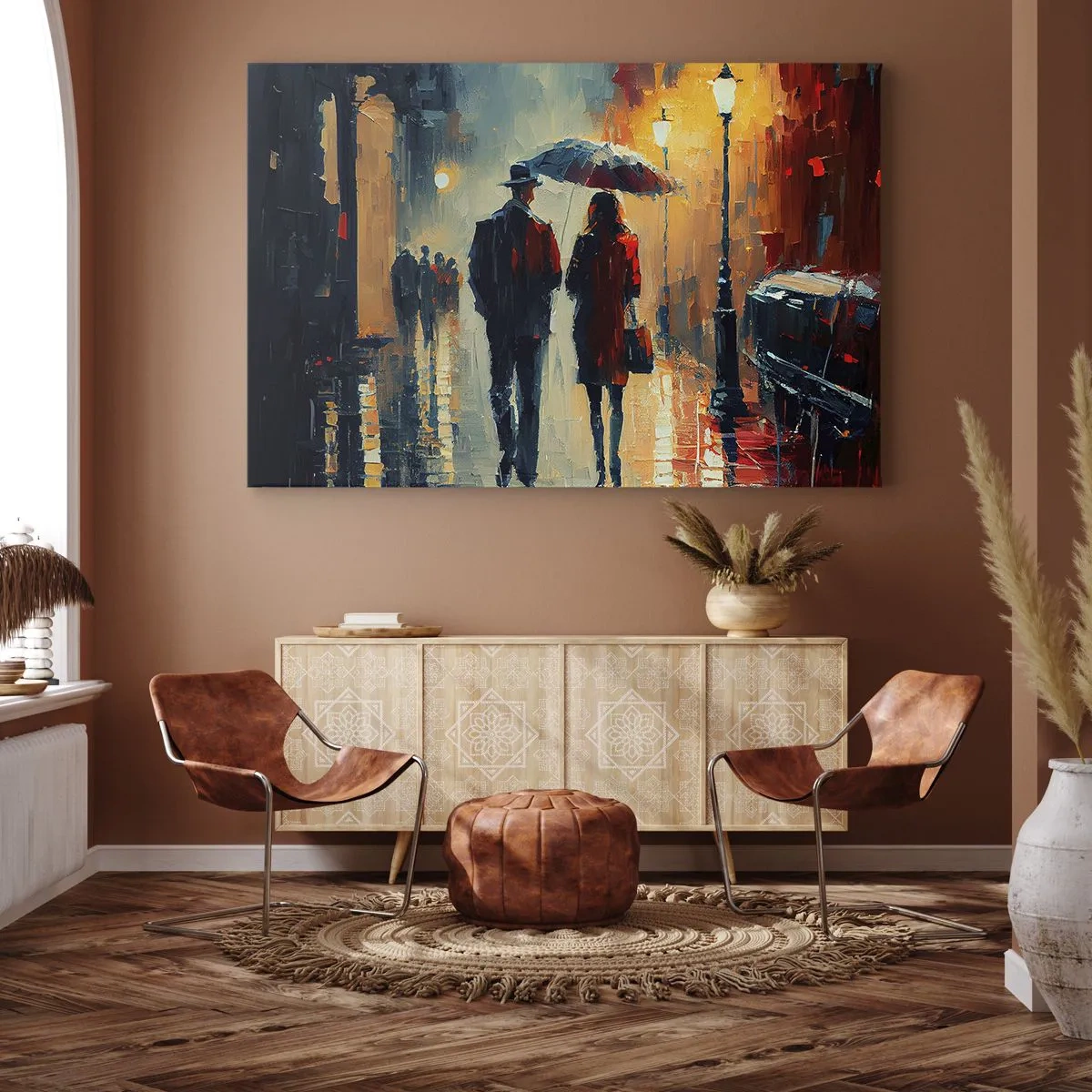 Obraz na plátne - Prechádzka v daždi pod dáždnikom v meste v noci - 70x50cm - Mestská love story - Moderná nástenná dekorácia do obývacej izby a spálne ARTTOR
