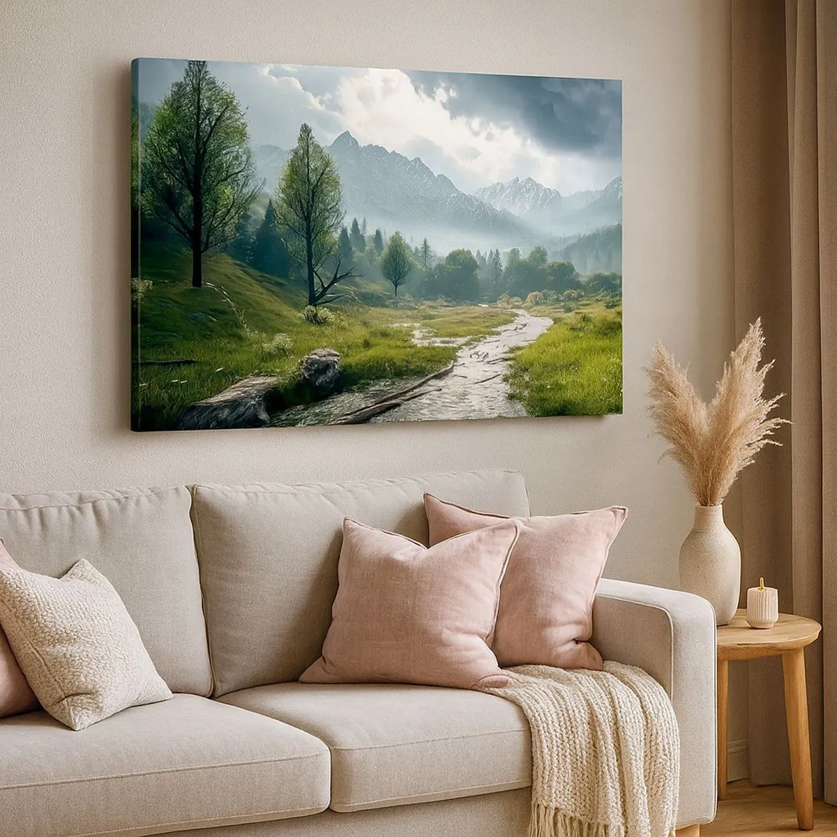 Obraz na plátne - Horská krajina s riekou a stromami obklopenými hmlistými horami - 70x50cm - Tam a späť - Moderná nástenná dekorácia do obývacej izby a spálne ARTTOR