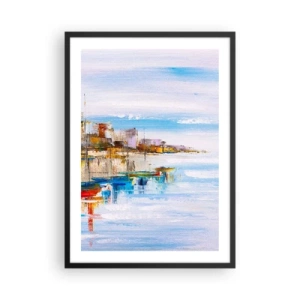 Plagát v čiernom ráme - Farebná krajina prímorského mestečka - 50x70cm - Viacfarebný mestský prístav - Moderná nástenná dekorácia do obývacej izby a spálne ARTTOR