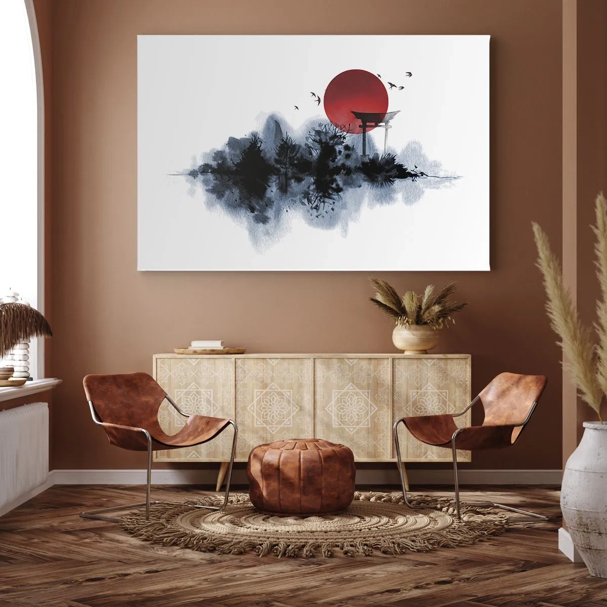 Obraz na plátne - Červené slnko nad malebnou krajinou s torii - 70x50cm - Japonský pohľad - Moderná nástenná dekorácia do obývacej izby a spálne ARTTOR