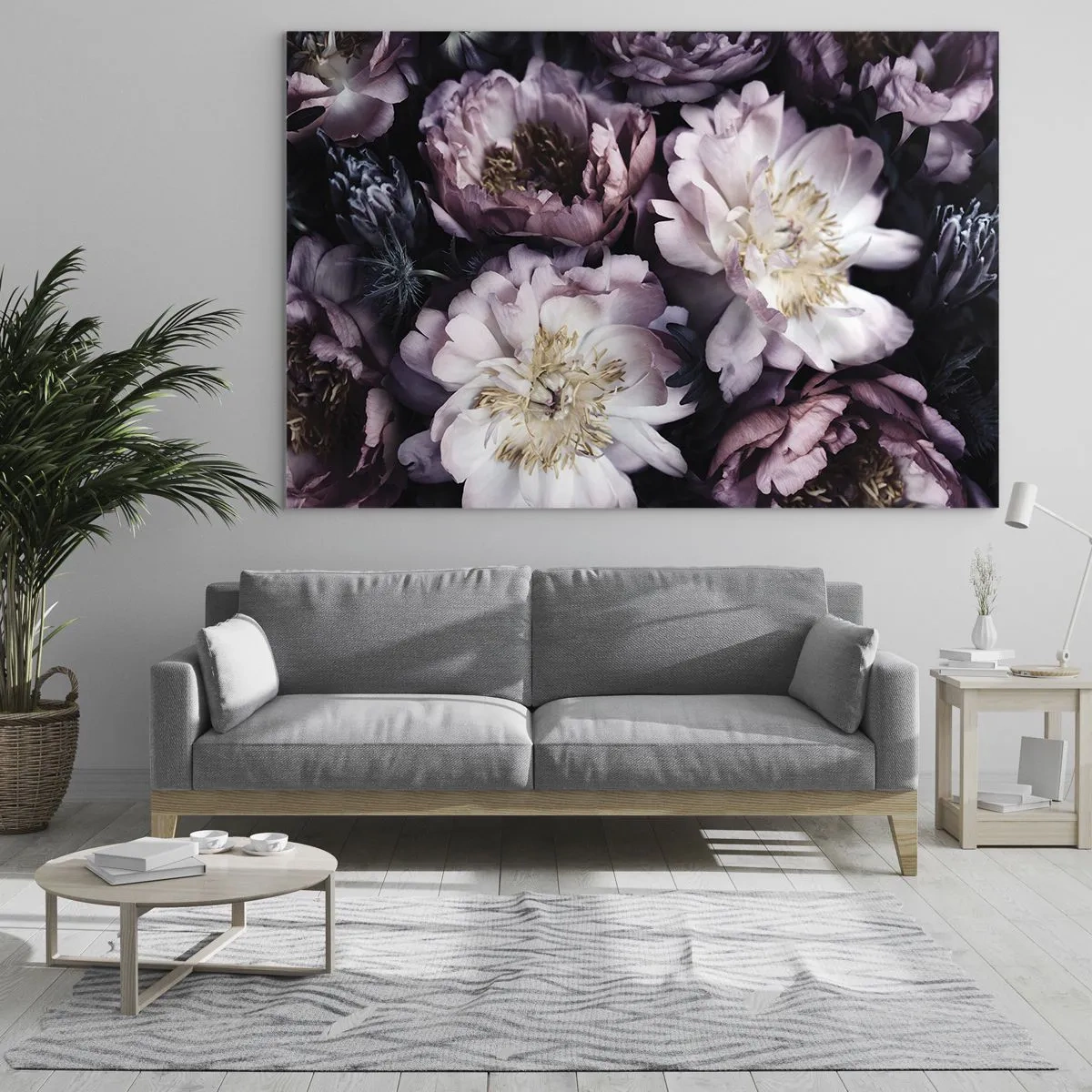 Obraz na skle - Romantická kytica pivoniek v tlmených fialových a ružových odtieňoch - 70x50cm - Kytica v starom štýle - Moderná nástenná dekorácia do obývacej izby a spálne ARTTOR