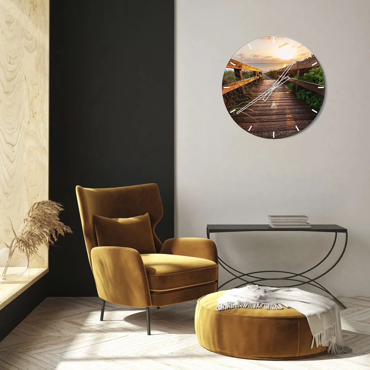 Nástenné hodiny - Drevené mólo vedúce na pláž pri západe slnka - 30x30cm - A priamo k brehu - Moderná nástenná dekorácia do obývacej izby, kuchyne a spálne ARTTOR