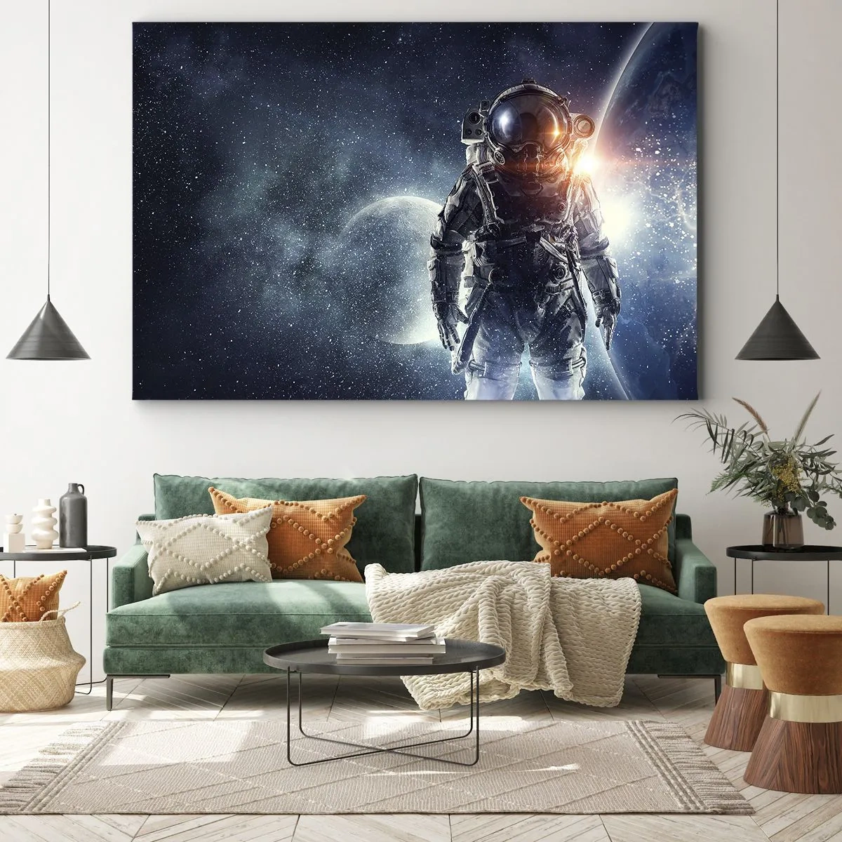 Obraz na plátne - Astronaut na pozadí vesmíru a planéty Zem - 70x50cm - Vesmírne dobrodružstvo - Moderná nástenná dekorácia do obývacej izby a spálne ARTTOR