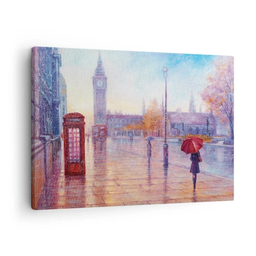 Obraz na plátne - Londýnska ulica s Big Benom v daždivý deň - 70x50cm - Londýnsky jesenný deň - Moderná nástenná dekorácia do obývacej izby a spálne ARTTOR