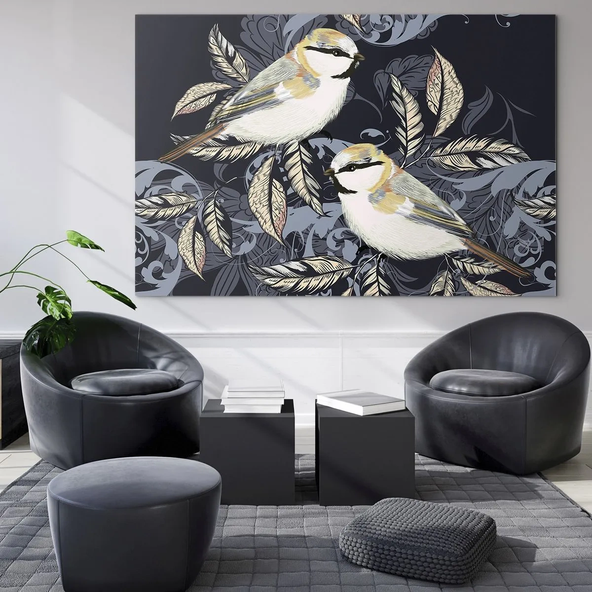 Obraz na skle - Ilustrácia dvoch vtákov na tmavom pozadí s ornamentami - 70x50cm - Žltomodrá pieseň - Moderná nástenná dekorácia do obývacej izby a spálne ARTTOR