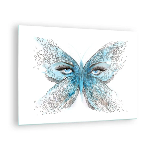Obraz na skle - Motýľ s modrými krídlami a ľudskými očami v umeleckom štýle. - 70x50cm - Sýkorka modrinka eros - Moderná nástenná dekorácia do obývacej izby a spálne ARTTOR