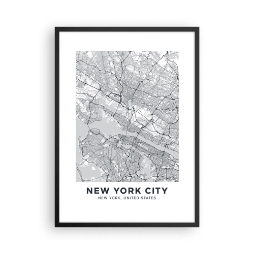 Plagát v čiernom ráme - Minimalistická mapa New Yorku - 50x70cm - Anatómia metropoly - Moderná nástenná dekorácia do obývacej izby a spálne ARTTOR