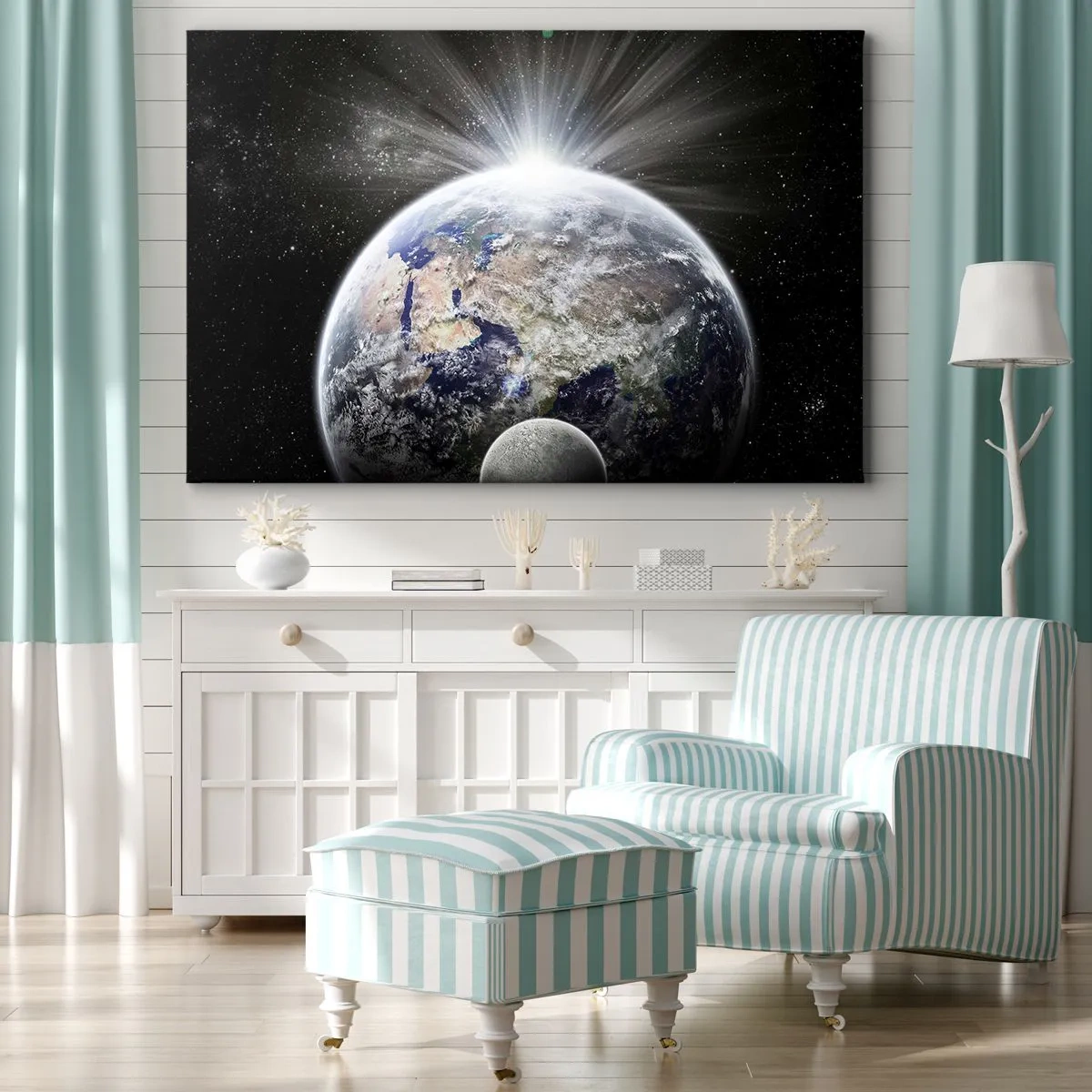 Obraz na plátne - Zem a Mesiac osvetlené žiarou vesmíru - 70x50cm - V plnom lesku - Moderná nástenná dekorácia do obývacej izby a spálne ARTTOR