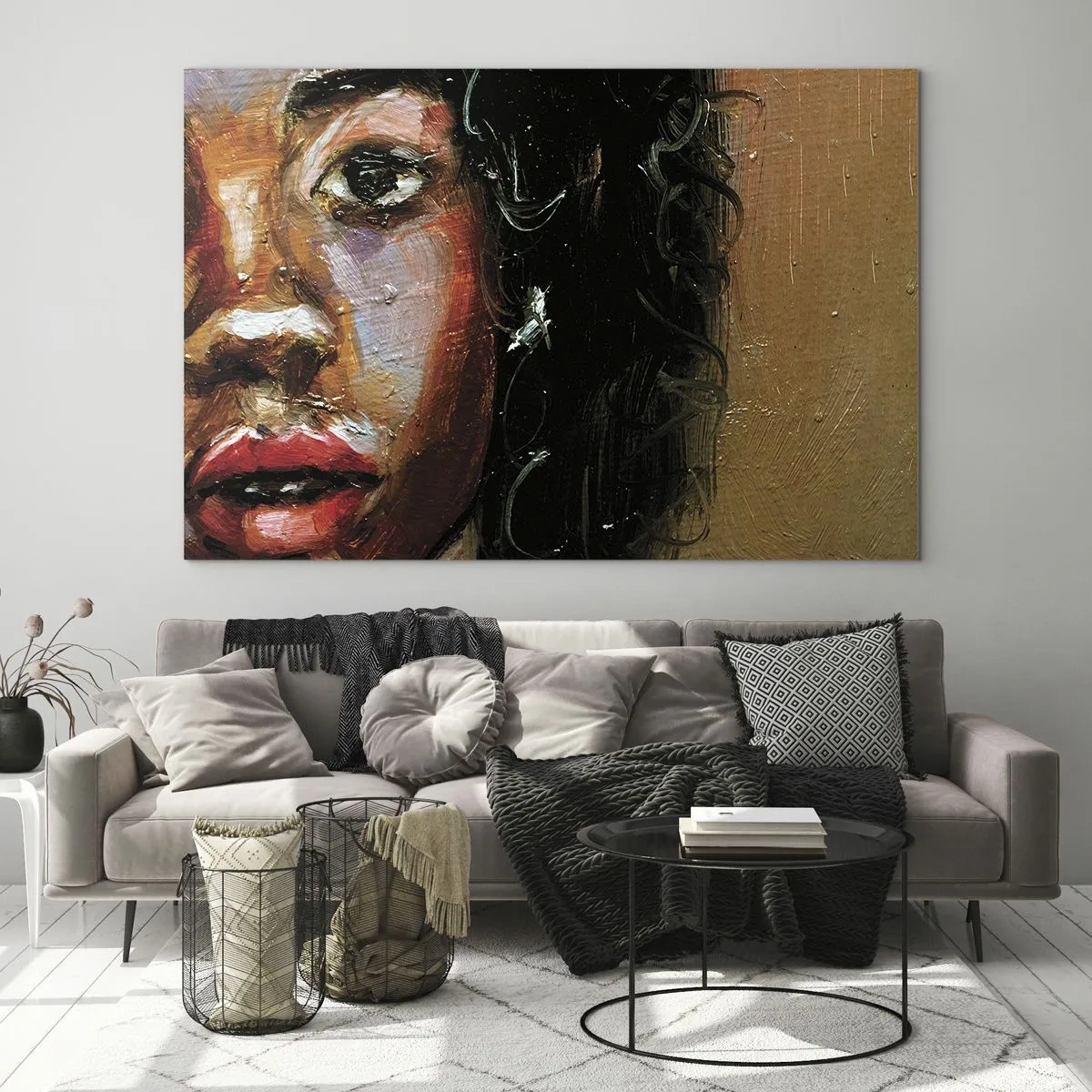 Obraz na skle - Fragment farebného portrétu ženy v maliarskom štýle - 70x50cm - Čierna a jas - Moderná nástenná dekorácia do obývacej izby a spálne ARTTOR