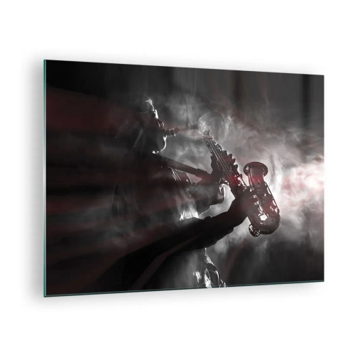 Obraz na skle - Saxofonista v opare dymu v čiernobielom - 70x50cm - V oparoch jazzu - Moderná nástenná dekorácia do obývacej izby a spálne ARTTOR