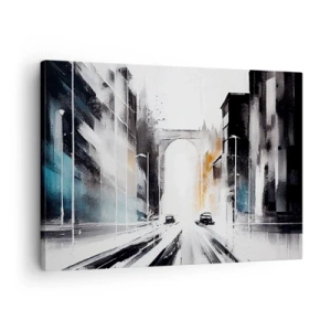 Obraz na plátne - Abstraktná panoráma mesta s klenutým mostom - 70x50cm - Štúdia mesta: architektúra a pohyb - Moderná nástenná dekorácia do obývacej izby a spálne ARTTOR