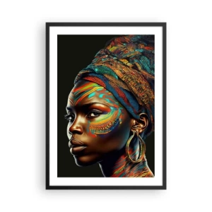 Plagát v čiernom ráme - Portrét ženy vo farebnej šatke a etnickom líčení - 50x70cm - Africká kráľovná - Moderná nástenná dekorácia do obývacej izby a spálne ARTTOR