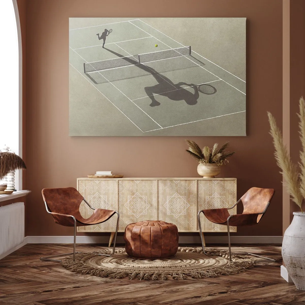 Obraz na plátne - Tieň tenistu na kurte počas tenisového zápasu - 70x50cm - Dobývanie samého seba - Moderná nástenná dekorácia do obývacej izby a spálne ARTTOR