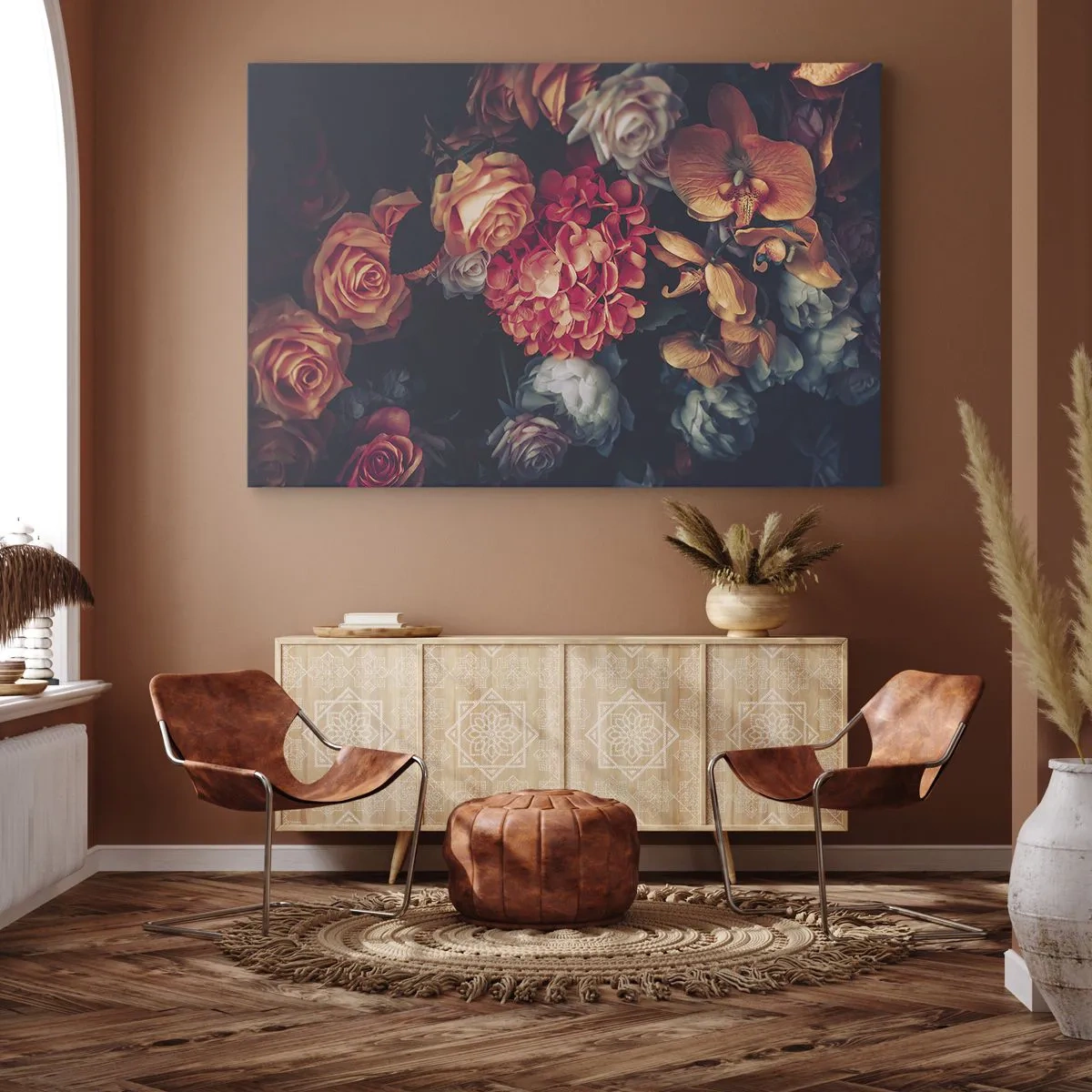 Obraz na plátne - Kytica rôznych kvetov v tmavých tónoch - 70x50cm - Ako u holandských majstrov - Moderná nástenná dekorácia do obývacej izby a spálne ARTTOR