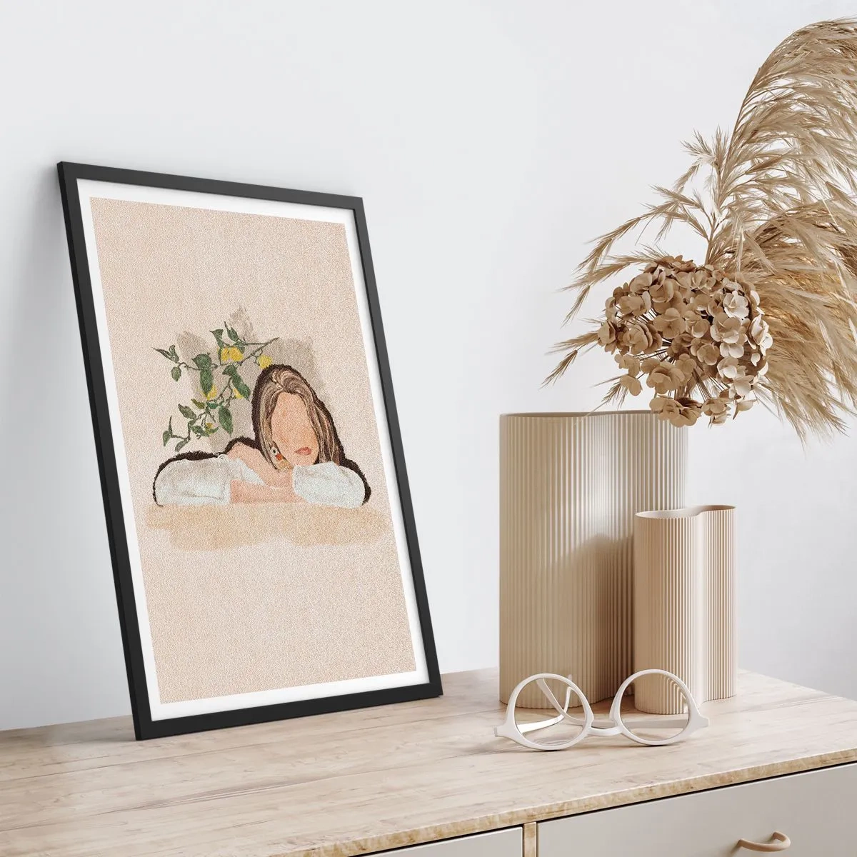 Plagát v čiernom ráme - Zamyslená postava obklopená prírodou - 50x70cm - Kráska z juhu - Moderná nástenná dekorácia do obývacej izby a spálne ARTTOR