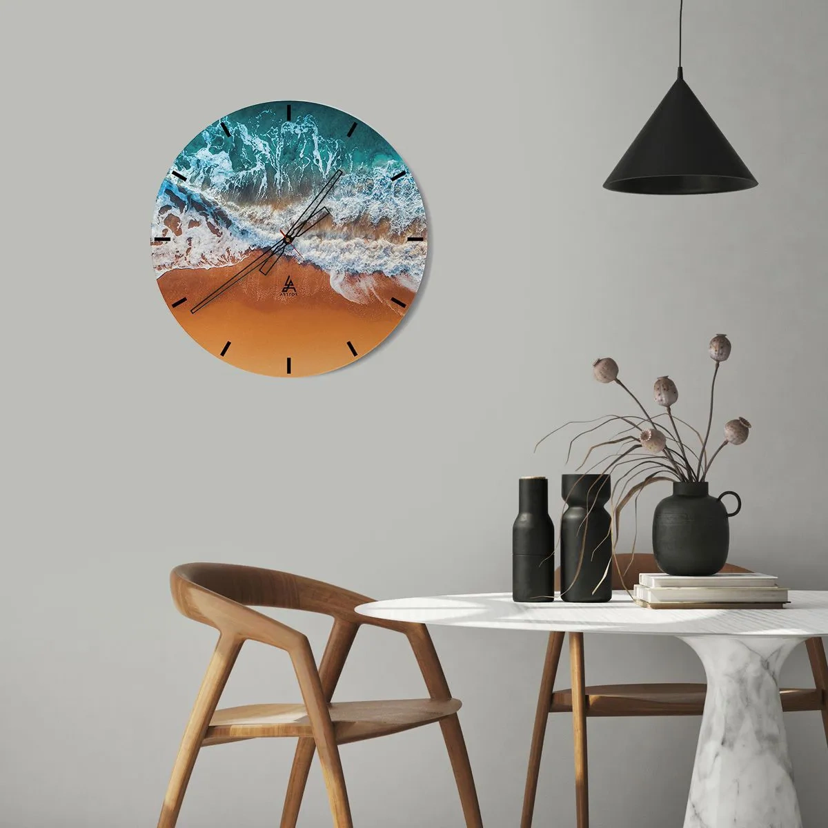 Nástenné hodiny - Orientálna scéna s loďkou a čerešňovými kvetmi v akvarelovom štýle - 30x30cm - Vždy pár - Moderná nástenná dekorácia do obývacej izby, kuchyne a spálne ARTTOR