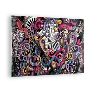 Obraz na skle - Farebné hudobné témy s notami a nástrojmi - 70x50cm - Komplikovaná melódia - Moderná nástenná dekorácia do obývacej izby a spálne ARTTOR
