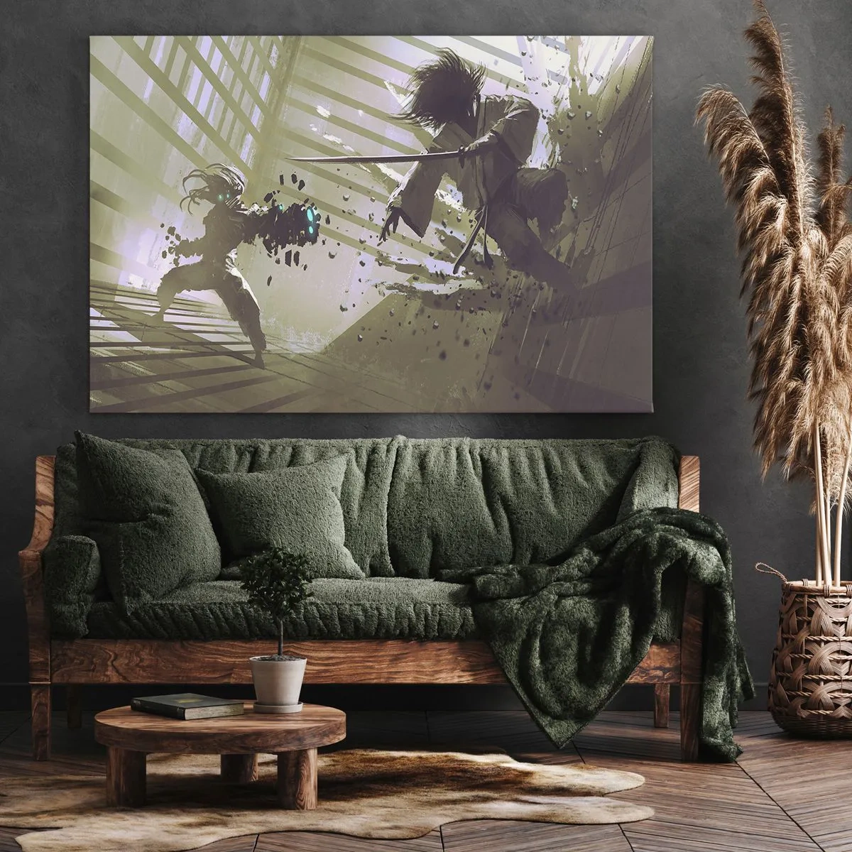 Obraz na plátne - Dynamický súboj medzi dvoma postavami vo futuristickom štýle - 70x50cm - Aj ty môžeš byť samurajom - Moderná nástenná dekorácia do obývacej izby a spálne ARTTOR