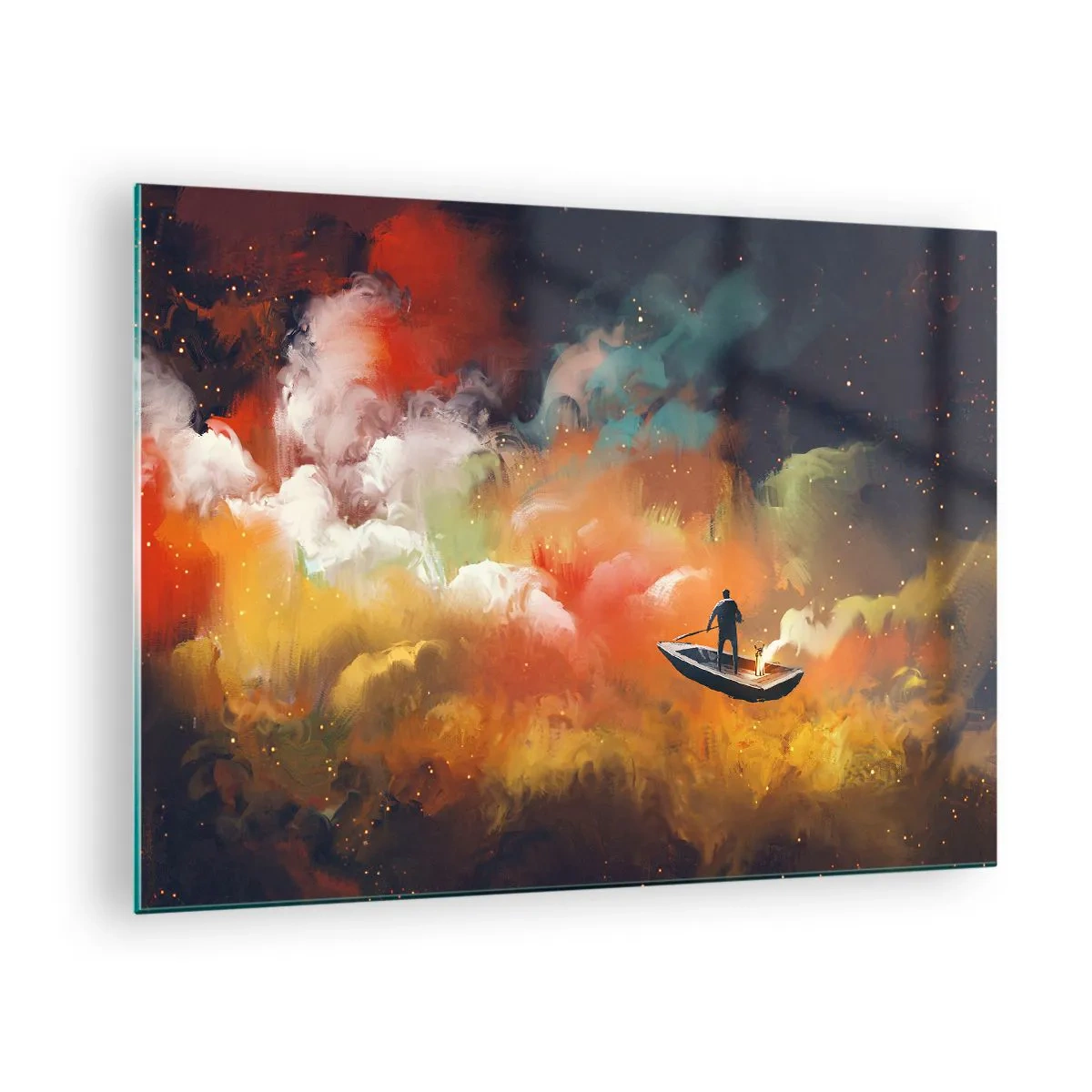 Obraz na skle - Postava na lodi plávajúcej medzi farebnými galaktickými oblakmi - 70x50cm - Loďou cez galaxiu - Moderná nástenná dekorácia do obývacej izby a spálne ARTTOR
