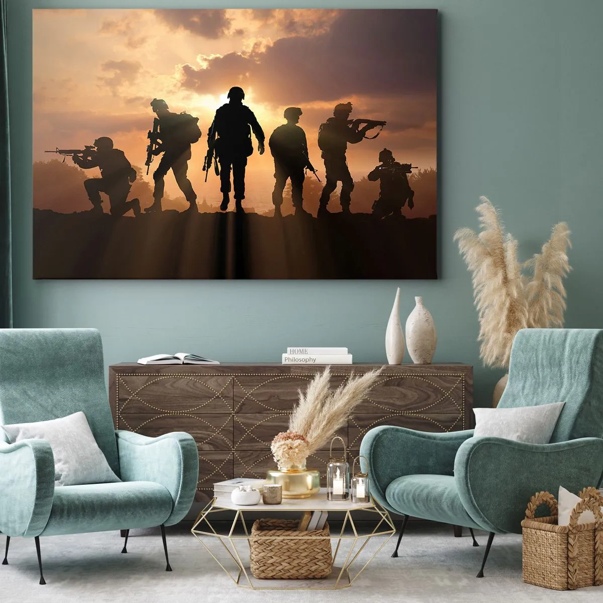 Obraz na plátne - Vojaci na pozadí zapadajúceho slnka v dynamickom prostredí - 70x50cm - Brothers in arms - Moderná nástenná dekorácia do obývacej izby a spálne ARTTOR